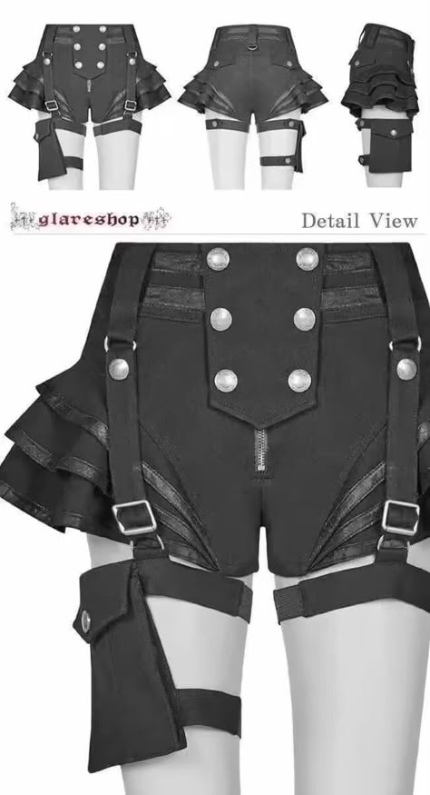 a photo of a woman wearing black steampunk shorts with ruffles and straps. the shorts feature multiple buckles, pockets, and a zipper. the shorts are  a very gothic fashion style.