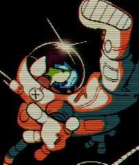 a pixel art image of an astronaut in a bright orange and teal spacesuit floating in space. the image has a retro, video game aesthetic and features a limited color palette. the astronaut appears to be tethered to a spaceship, which is out of frame.