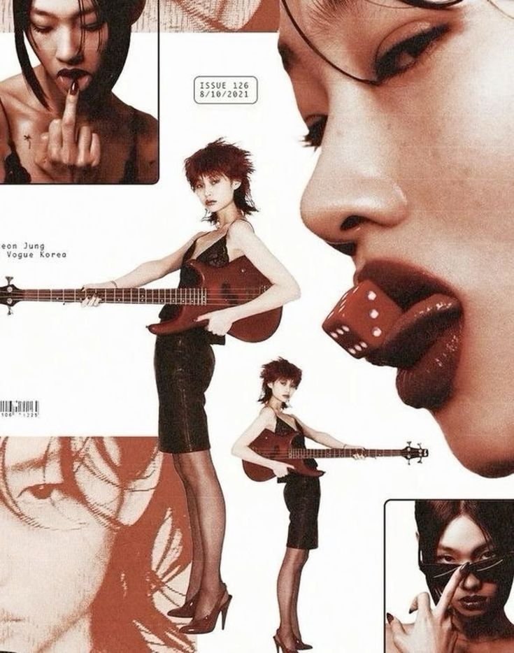 the image is a collage of photos featuring a young woman styled in a rockandroll aesthetic.  she's wearing a black leather dress, has a edgy short haircut, and is posing with a bass guitar. in some of the images, she has dice playfully placed on her tongue and is making a gesture with her middle finger. the overall color scheme is warm, with shades of brown and red dominating the images and text, contributing to the edgy and rebellious vibe.