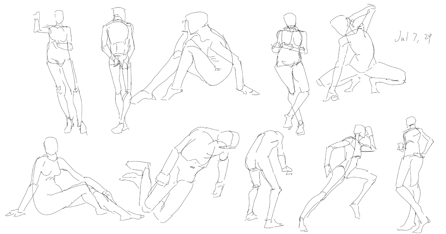 a page of quick gesture drawings of various human figures in different poses, rendered in a loose and expressive style using simple line work. the focus is on capturing the essence of movement and form rather than minute details.