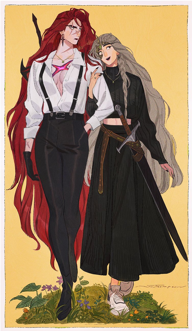 this is a beautiful illustration of two anime girls standing together in a lush forest. the girl on the left has long, flowing red hair and is wearing a white shirt with suspenders and black pants. she also has a sword strapped to her leg. the girl on the right has long, flowing black hair and is wearing a black dress with a white collar and a long, flowing black skirt. she also has a sword strapped to her leg. the girls are both looking at each other with smiles on their faces. they are surrounded by lush greenery and flowers. the art is very well done, with realistic detail and a whimsical feel. the artist has clearly captured the beauty of the characters and the forest setting.