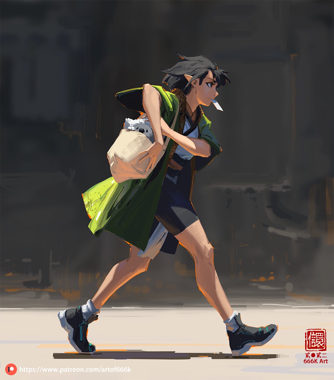 the digital painting depicts a young, female animestyle character, possibly an elf given her pointed ears, walking briskly down a city street. she is wearing a loose, green jacket over dark shorts and sneakers, carrying a bag with a small white dog inside. the style is loose and expressive, with visible brushstrokes, capturing a dynamic moment in a sundappled urban setting. the artwork is signed by "666k art" and includes a patreon link, suggesting it's a piece of commissioned or shared online artwork. the background is blurred, focusing attention on the character and her movement.