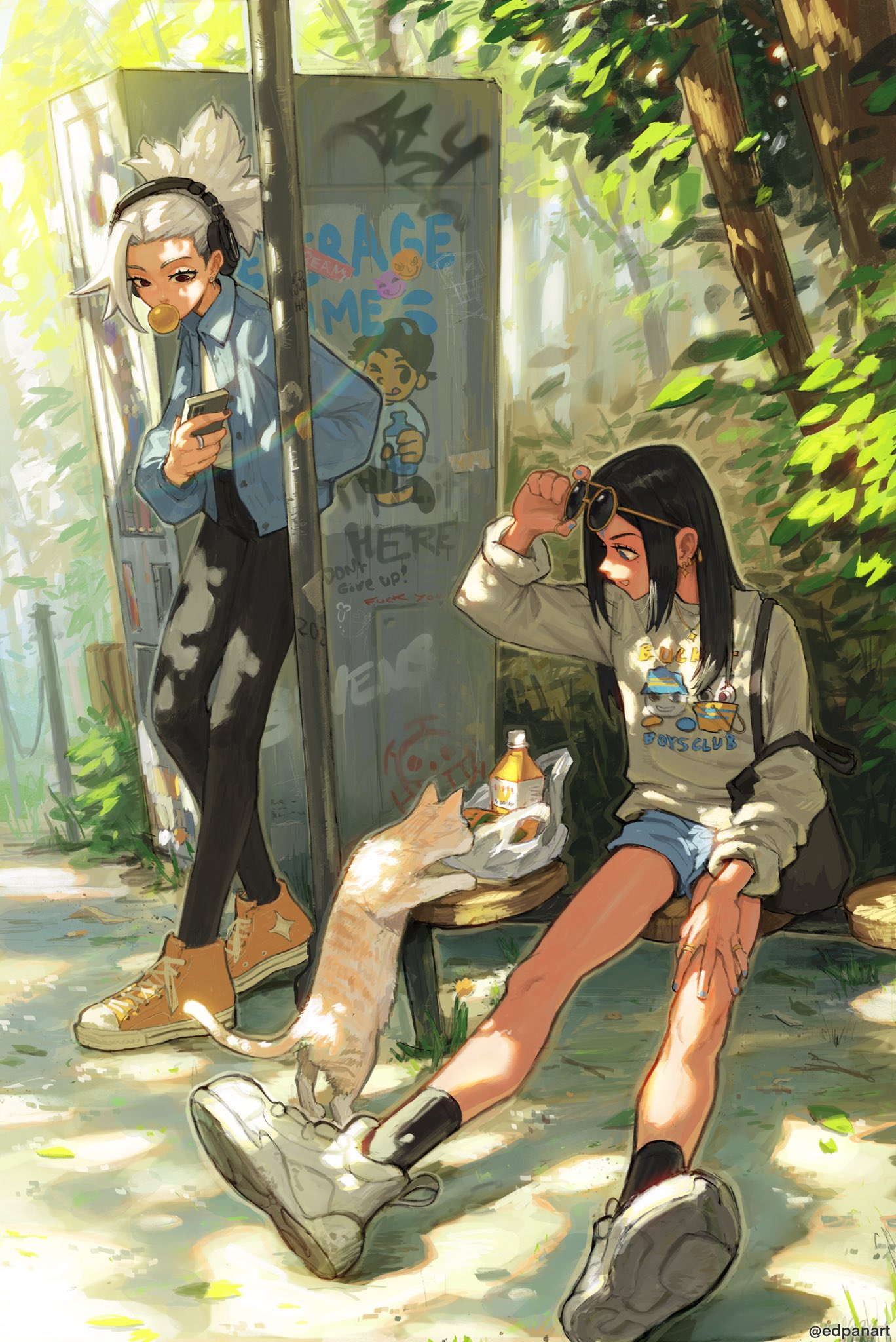 the illustration shows two animestyle girls sitting on a bench outdoors on a sunny day. one girl is looking at her phone while the other is taking off her sunglasses. a cat is sitting between them. they are sitting near a graffiti covered wall. the style is vibrant and colorful.