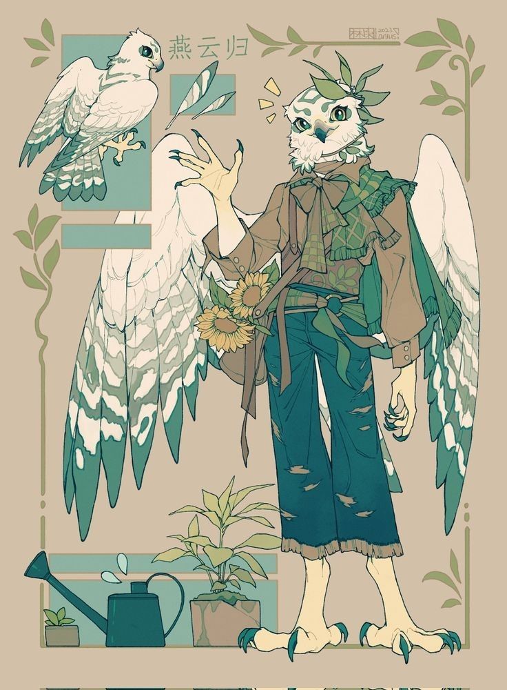 an illustration of an anthropomorphic owl character. the owl stands upright with humanlike clothing, including a brown shirt, green scarf, and blue trousers. it has wings and a feathered head. next to the character are plants, a watering can, and sunflower motifs. the color scheme is predominantly greens, browns, and blues. there is an additional drawing of an owl figure on the left.