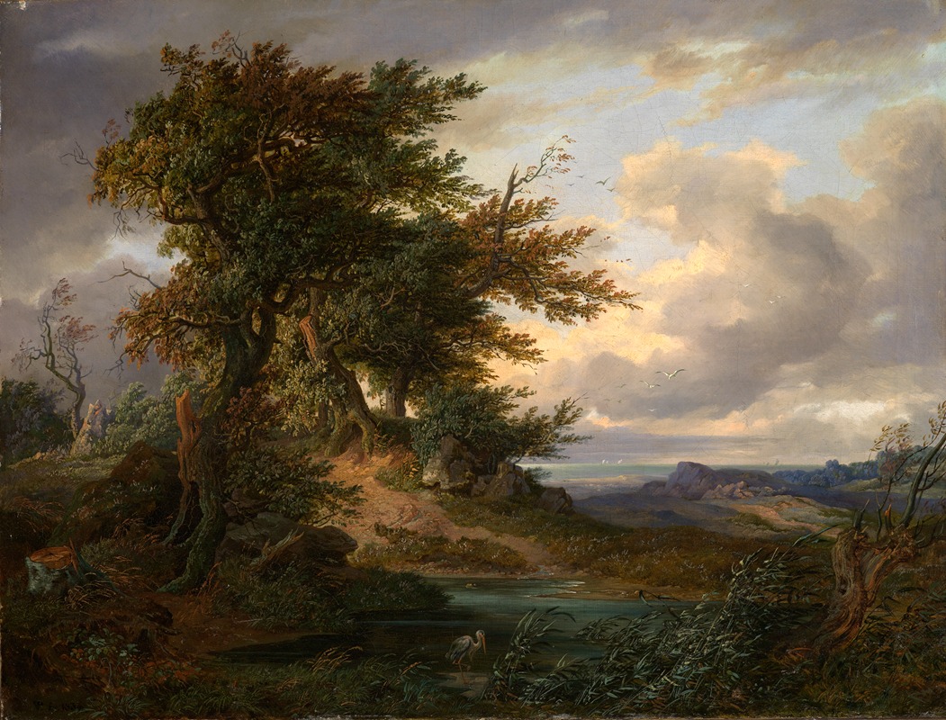 a painting of a landscape scene. in the foreground, there is a body of water with foliage growing along the edge. a heron stands in the water. to the left, a large tree with green and brown leaves dominates the scene. the tree's branches are blown by the wind. in the background, there is a shore with a body of water and land formations. the sky is filled with clouds, and there is a hint of sunlight breaking through. the painting has a slightly overcast and windy feel.