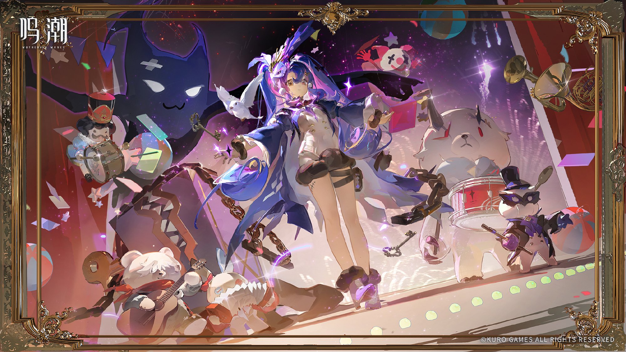 the image is a vibrant and whimsical digital illustration featuring an animestyle girl with long blue hair, dressed in a magicallooking outfit. she's the central figure, surrounded by a collection of adorable, anthropomorphic animal characters,  playing musical instruments on a stage. the overall style is very fantasyoriented, with soft lighting and vivid colors. the background suggests a magical or fantastical world, with floating objects and sparkly effects. there's a sense of celebration or a musical performance. the framing is also artistic and elaborate, resembling an ornate picture frame. the overall mood is cheerful and playful.