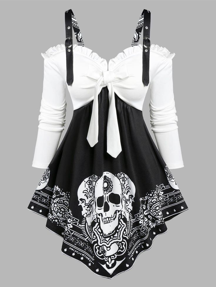 a black and white dress with off the shoulder ruffles, a tie at the neckline, and a skull design. the dress is made of a soft fabric and has a flowy silhouette. it is perfect for a gothic or halloween look.