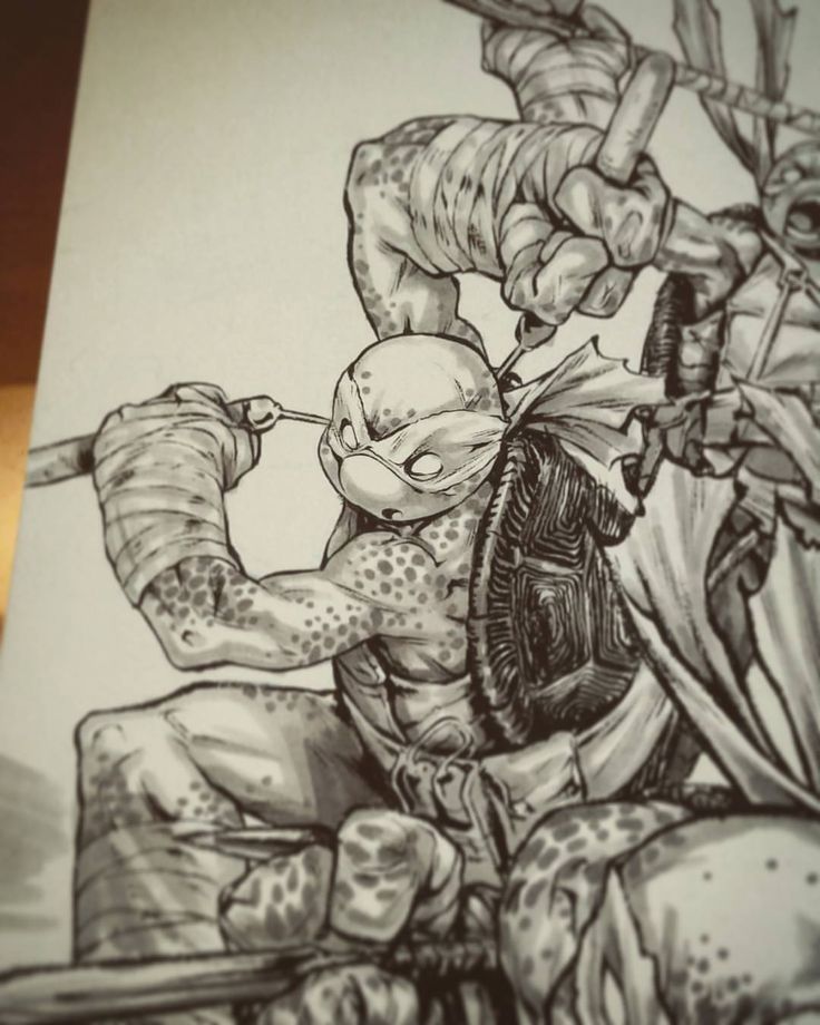 this is a black and white drawing of a teenage mutant ninja turtle in midaction, he has a shell on his back and is holding a katana in his hand. there are other turtles in the background, they look to be fighting. the drawing is very detailed.