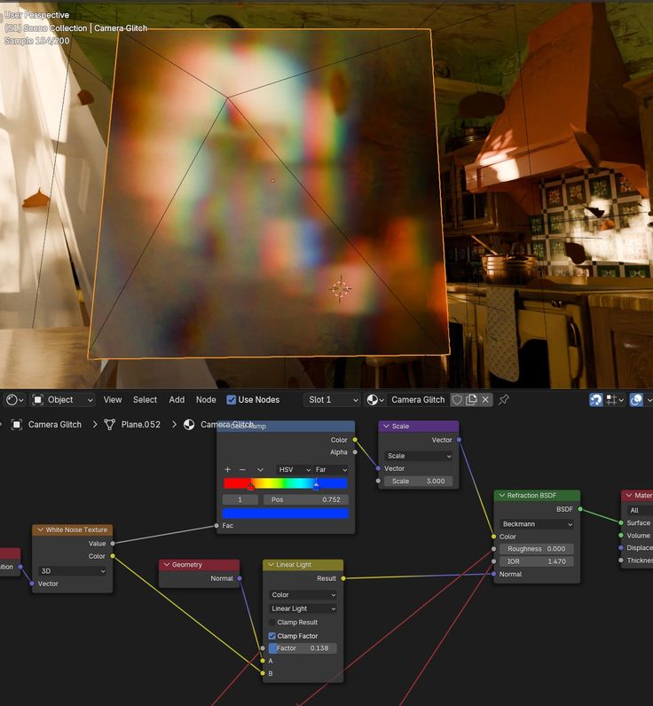the image shows a 3d rendering in blender, likely a scene with a "camera glitch" effect applied. the top half of the image displays the rendered output, featuring a semitransparent plane with a distorted, chromatic aberrationlike visual effect overlaid on a kitchen scene. the bottom half of the image displays the node editor in blender, which shows a complex node network used to create the camera glitch material. the nodes include white noise texture, geometry, linear light, color ramp (hsv), scale, vector, refraction bsdf, and material output. the nodes are connected in a specific configuration to achieve the desired effect.