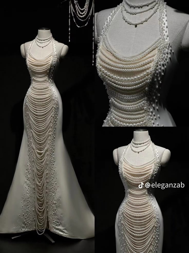 the image shows a floorlength sleeveless gown embellished with pearls, displayed on a mannequin. the dress has a halter neck and the pearls are arranged in draped patterns over the bodice and down the front of the skirt. additional closeup shots on the right show details of the pearl embellishments.