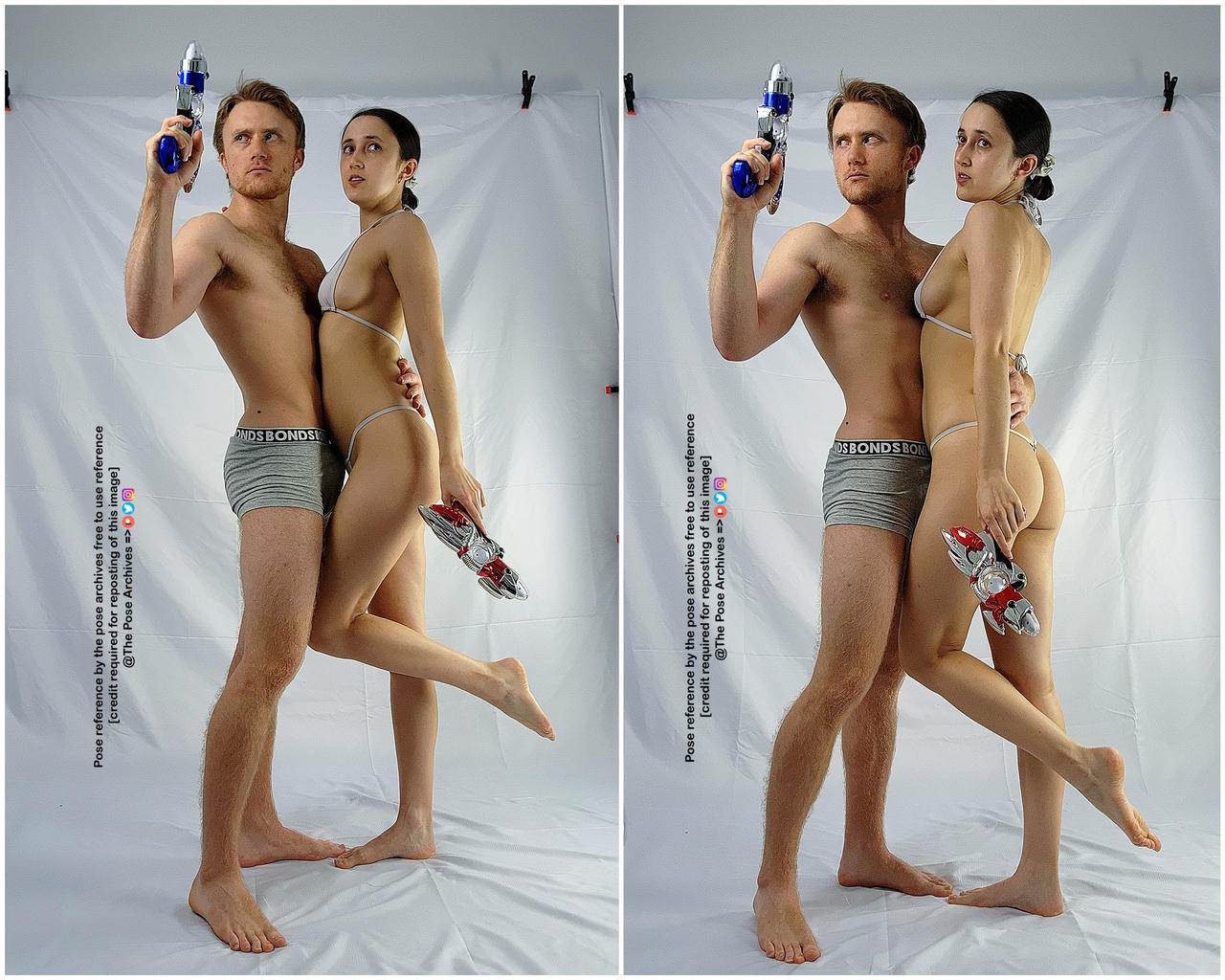 a man and a woman are posing against a white backdrop in a studio setting. they are both holding toy guns and wearing minimal clothing  the man in boxer briefs and the woman in a bikini. the image appears to be a pose reference for artists. the lighting is bright and even, typical of a studio environment.  the perspective is from eye level.