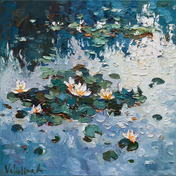 this is an impressionist oil painting depicting white water lilies floating on a pond. the water is painted in shades of blue and green, with reflections of the sky and surrounding foliage. the brushstrokes are loose and painterly, creating a sense of movement and atmosphere. the overall feeling of the painting is one of tranquility and peace.