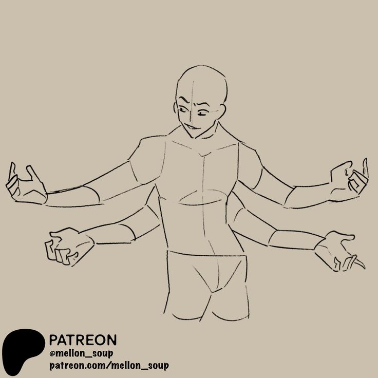 a line drawing of a person with four arms standing with a slight bend in their knees. the arms are spread out and the hands are open. the figure is sketched on a grey background.