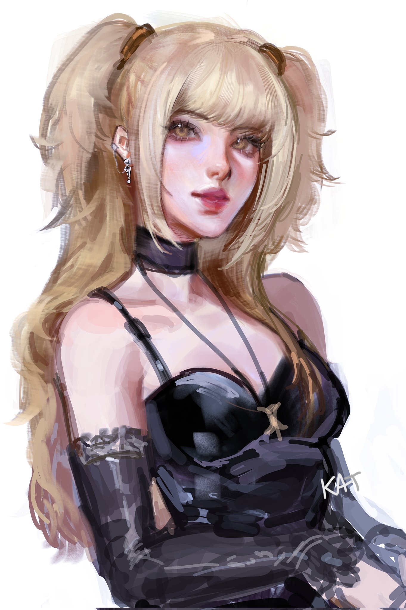 a digital painting of a young animestyle woman with blonde pigtails and bangs. she is wearing a black corsetstyle dress and long black gloves.  her expression is soft and her eyes are a light brown or gold. the style is loose and painterly, with visible brushstrokes. the background is plain white.  there is a subtle signature visible in the lower right corner.