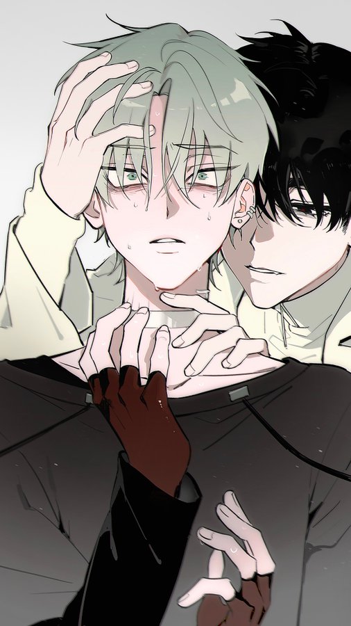 this is a black and white anime/manga illustration with a couple of boys. the boy on the right is wearing a black shirt and has black hair while the boy on the left is wearing a white shirt with green hair. the boys are embracing each other, with the boy on the left holding the other boy's hand.  both of their hands are red. the boy on the right is looking at the other with a smirk.