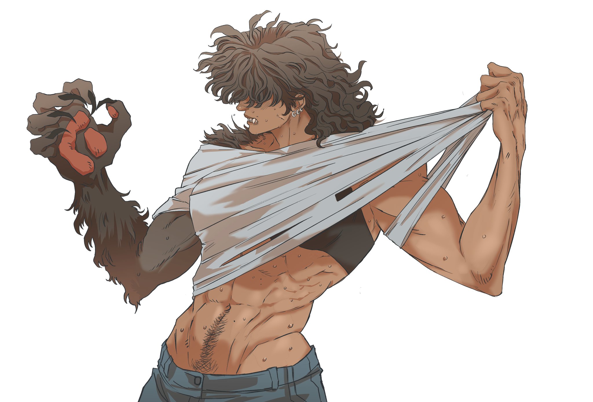 an illustration depicts a muscular werewolf partially transformed, tearing his white shirt open. his face is partly lupine with prominent canines, curly brown hair, and a piercing in his ear. one arm is completely transformed into a furry paw with claws, while the rest of his body is human but powerfully built with visible abs and pectorals. he wears jeans and a black sports bra, indicating he might be trans or gender nonconforming. sweat glistens on his skin as he is in the middle of transforming.