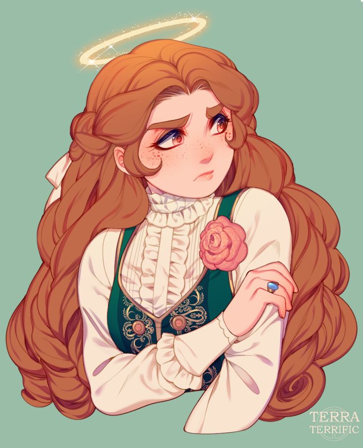 the image is a digital illustration of a young woman with long red hair, wearing a white dress and a green vest, with a halo above her head, standing against a pale green background. she looks like an angel.  she has a gentle expression on her face, and the halo around her head makes her seem like she's special. the overall tone of the image is sweet and innocent.