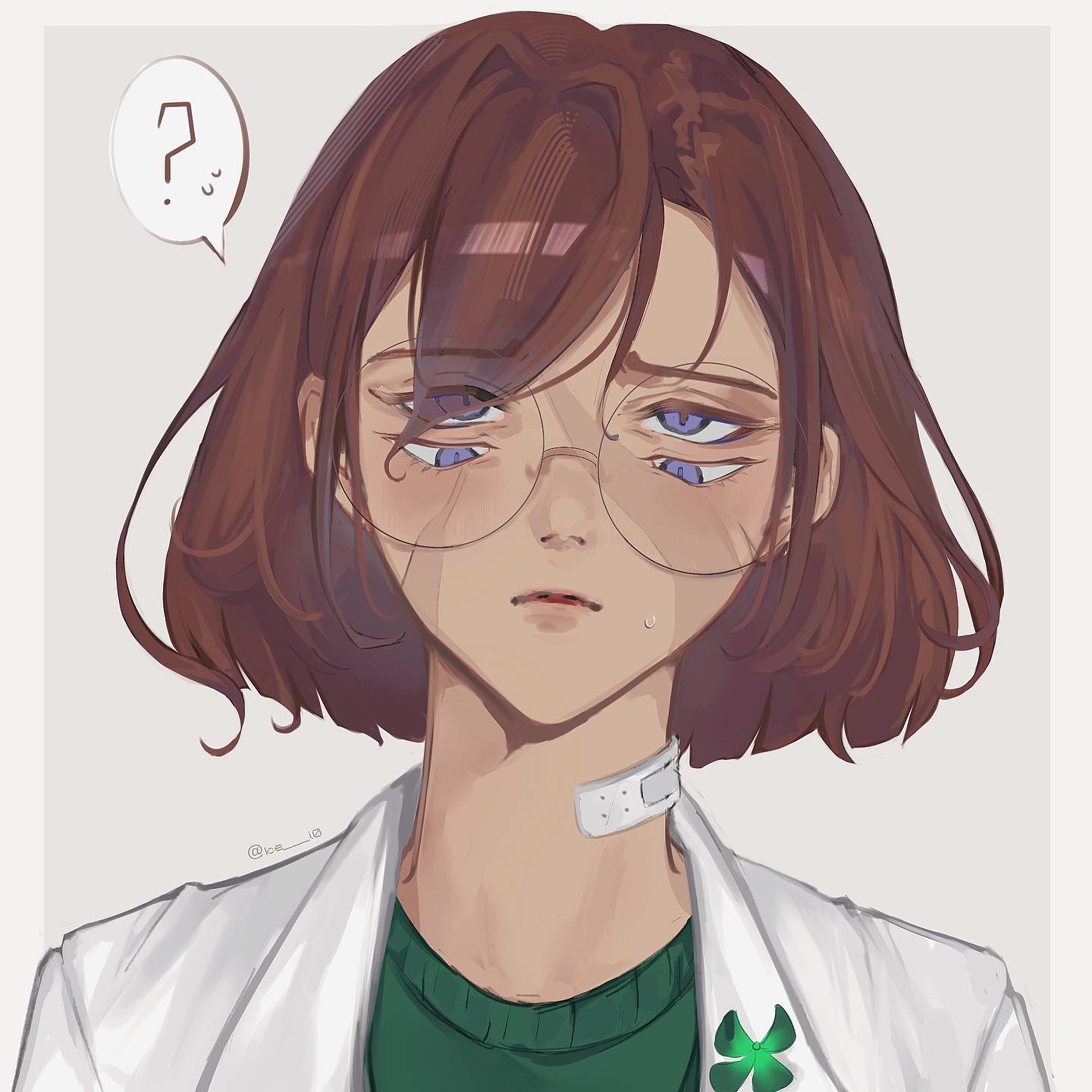 a digital illustration of a woman with brown hair, wearing round glasses and a white lab coat over a green shirt. she has a tired expression and is looking slightly downwards. her eyes are drawn in a distinctive anime style. she has a bandaid on her neck. the background is a light grey.