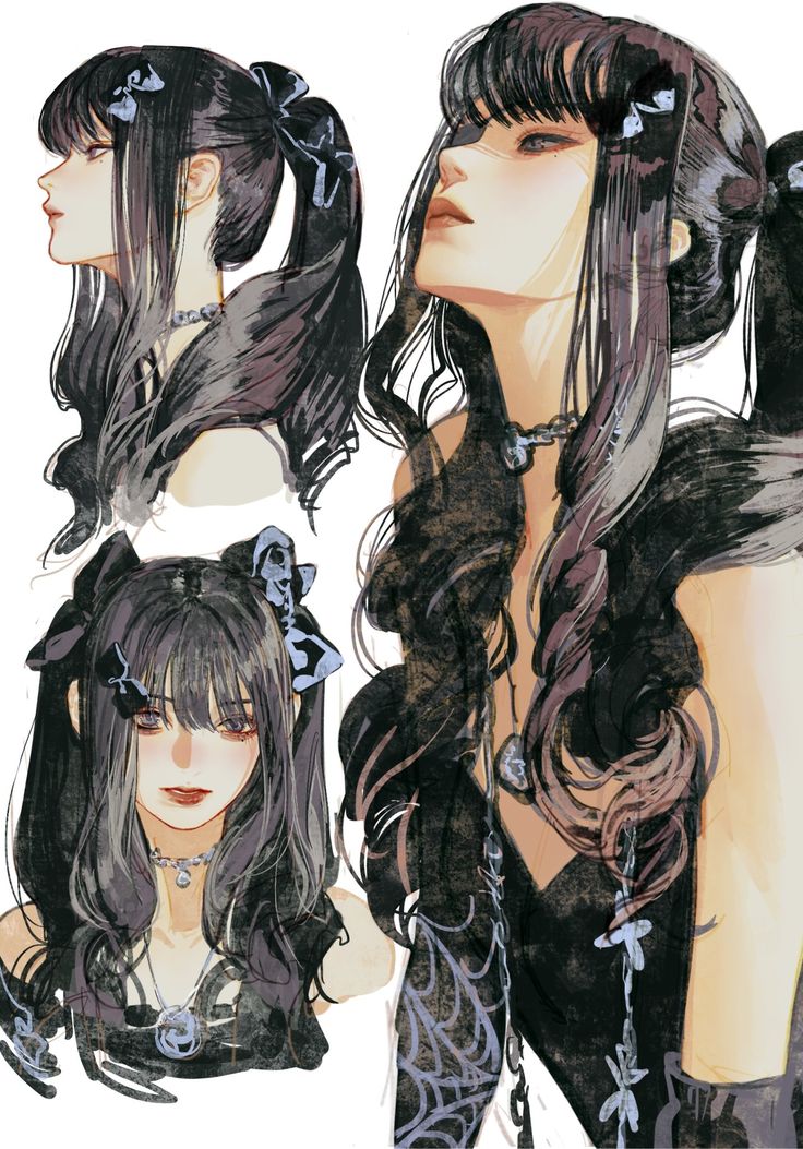 he image features an illustration of a young woman with long black hair styled in different ways.  she is depicted in three different poses and angles. the style is animeinspired, with a dark and slightly gothic aesthetic.  the character wears a darkcolored dress and various accessories, including necklaces and hair bows. the artwork seems to be a combination of painting and drawing techniques, potentially using digital tools, creating a soft and textured effect.  the overall mood is elegant and mysterious.