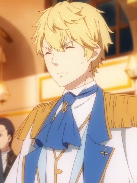 a closeup portrait of an anime boy with blonde hair, blue eyes, and a white shirt with a blue tie and gold trim. he is smiling slightly and looking to the right. the background is blurred, but it appears to be a room with a lot of light.
