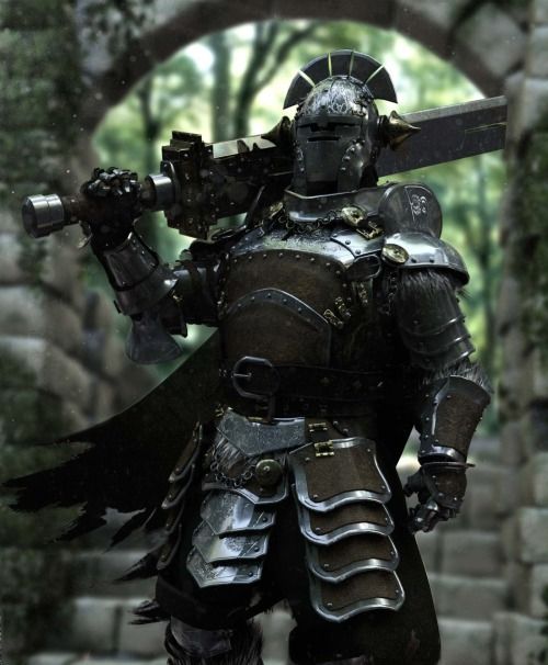 the image shows a knight in full armor, carrying a large sword over his shoulder. he stands in front of a stone archway, with a blurred landscape visible in the background. the overall mood is dark and gothic, with a fantasy feel.
