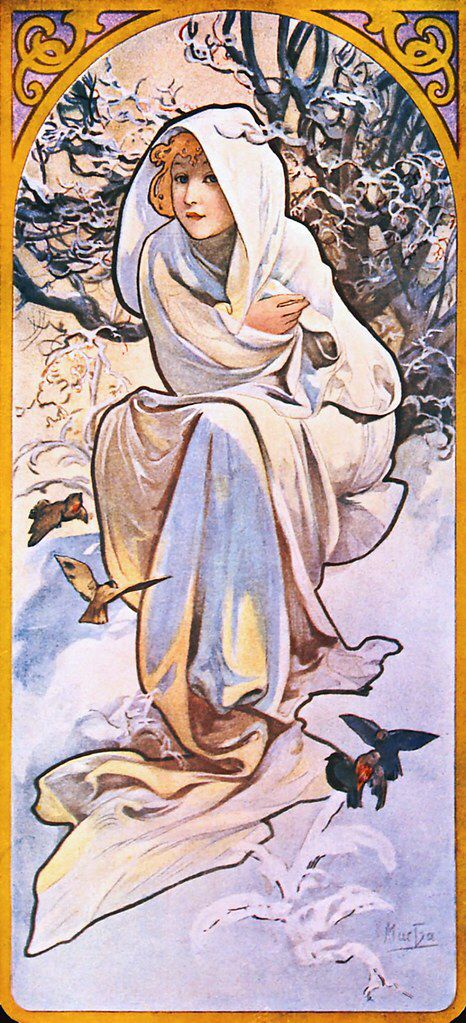 the image is a beautiful art nouveaustyle poster or illustration, likely by alphonse mucha, depicting a young woman seated outdoors in a winter scene.  she is wrapped in a flowing white hooded cloak, appearing serene and peaceful.  the background features bare, snowladen trees and branches.  small birds are visible near her, adding to the wintry ambiance. the artwork is characterized by the delicate lines, pastel colors, and decorative floral border typical of mucha's style. the overall impression is one of elegance, tranquility, and the beauty of a cold winter's day. the artist's signature is subtly placed near the bottom.
