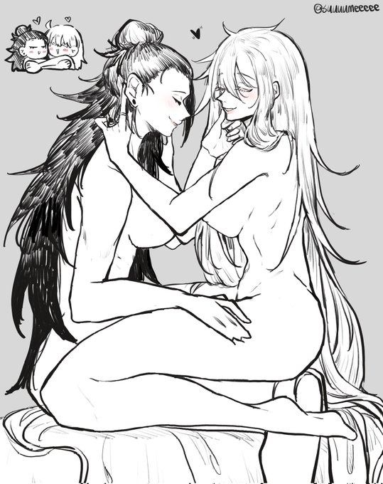 the image is a black and white line drawing of two nude women embracing each other romantically. one woman has long, flowing hair, while the other has a bun.  they are sitting close together, and their body language suggests intimacy and affection. there's a small sketch in the upper left corner depicting two smaller figures, possibly implying a connection to the main scene. the style is reminiscent of anime or manga.