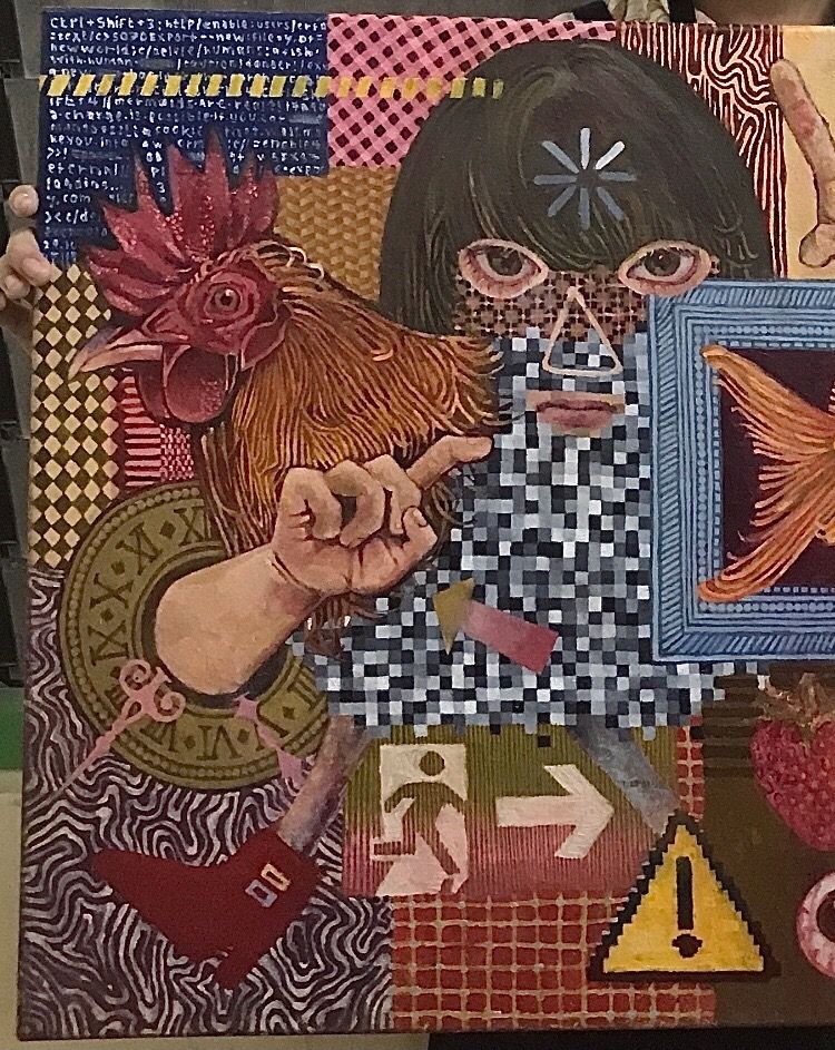 this abstract mixed media painting features a collage of geometric patterns, symbols, and figures. a rooster, a woman's portrait, a clock, and a fish are prominently displayed, while arrows, warning signs, and other symbols add to the composition. the colors are vibrant and bold, creating a dynamic and visually engaging artwork. the painting appears to be made up of different pieces of paper or fabric, giving it a textured and multilayered feel. the pixelated effect on some elements suggests a digital influence, adding a contemporary twist to the traditional style.