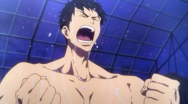 a young anime man with short black hair is screaming with a very frustrated expression. he is wet with water, likely in the shower. the background is a blurry blue tile pattern. the man looks angry and upset.