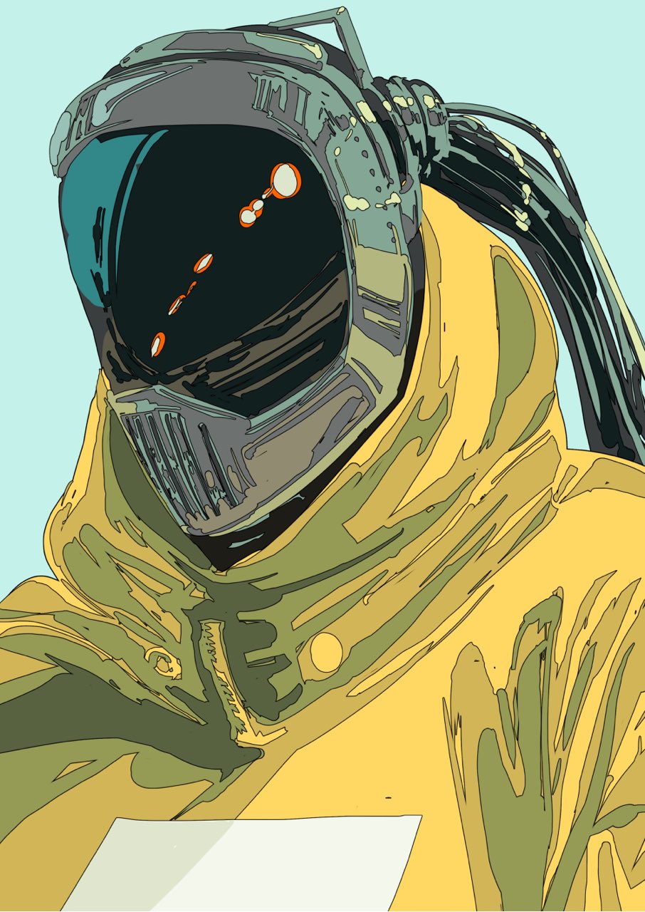 he image showcases a stylized illustration of a futuristic character, possibly an astronaut or cyborg.  the character is depicted from the chest up, wearing a complex, grey and teal helmet with a dark visor that reflects internal orange lights. the helmet's design is intricate, with many mechanical details and connected cables trailing from the back.  the individual is also dressed in a bulky, yellow and olive green hooded jacket or coat. the overall style is graphic and somewhat abstract, with bold colors and thick outlines, suggestive of comic book or digital art. a blank white rectangle is partially visible at the bottom, possibly implying a message or a device. the background is a simple, pale bluegreen. the overall atmosphere is one of mystery and technological advancement, common in cyberpunk and science fiction settings.