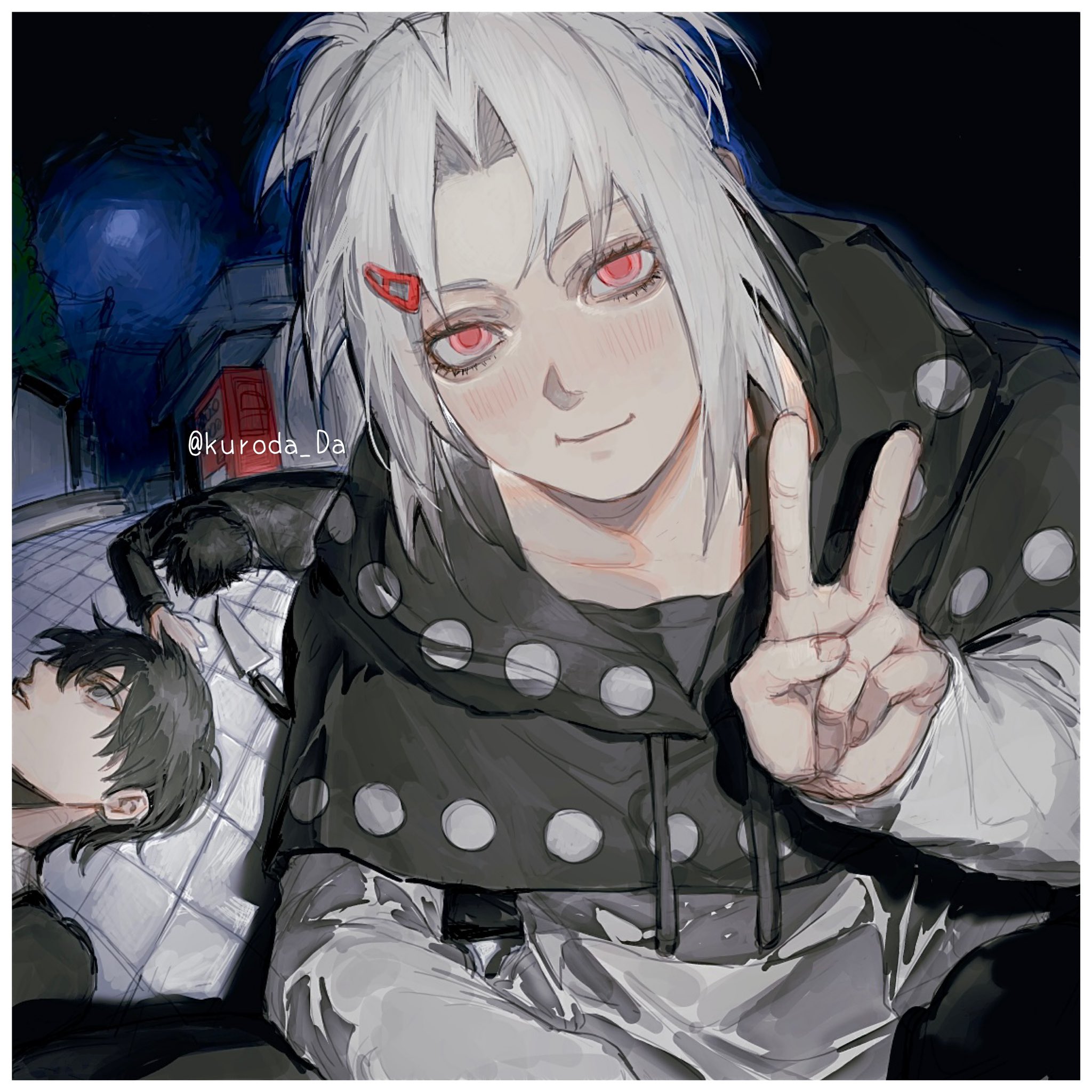 the image features a stylized portrait of a young man with white hair and red eyes taking a selfie. he wears a black and white hoodie and gives a peace sign, a sly smile on his face. behind him, two figures lie sprawled on the ground, seemingly unconscious. the setting appears to be a city street at night, lit by cooltoned artificial light. the overall atmosphere is unsettling and slightly sinister.
