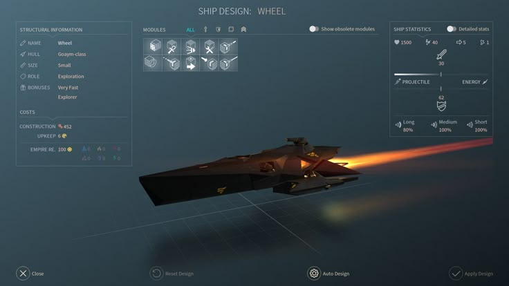 a screenshot of the ship design interface from the game endless space 2. the interface shows various aspects of ship customization, including structural information, module selection, ship statistics, and construction costs. the spaceship being designed is named "wheel," has a goaymclass hull, is small in size, and has an exploration role. the ship also has very fast explorer bonuses. the screenshot also displays the resource costs for construction and upkeep, along with various ship statistics such as health, attack, defense, and influence.