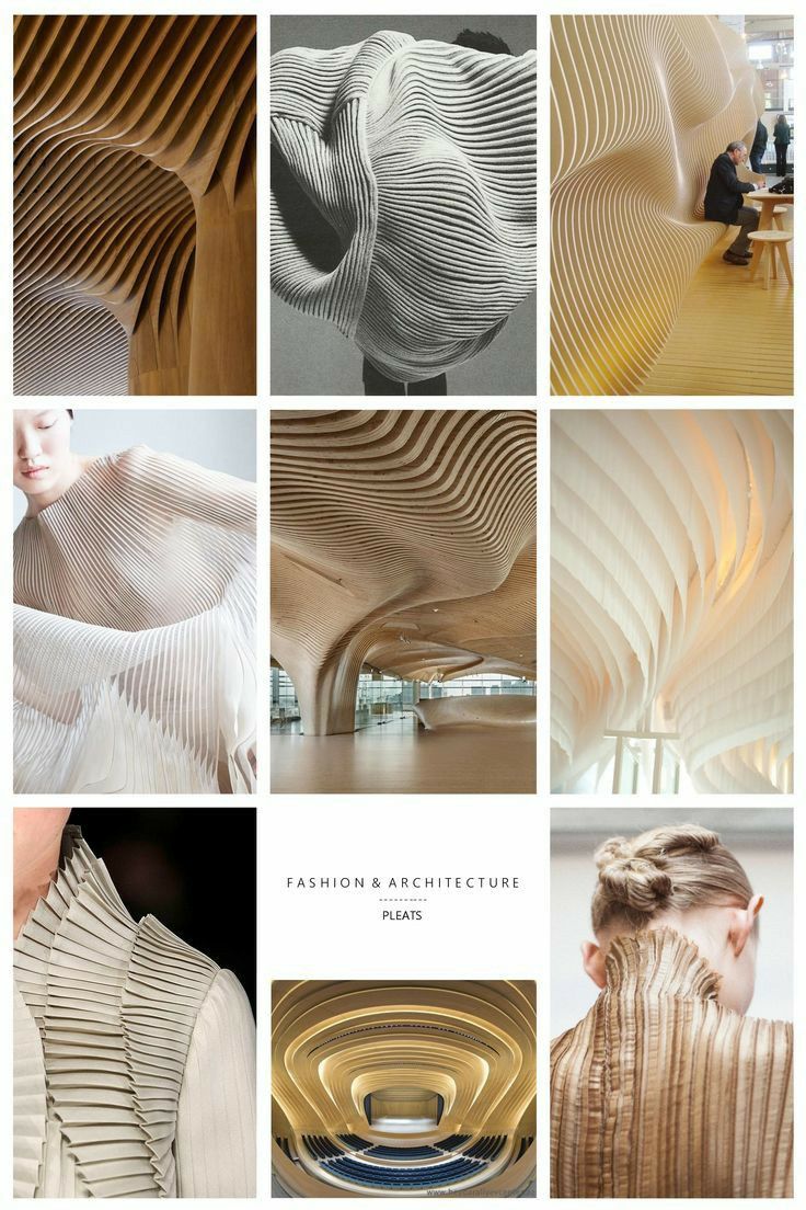 this image is a collage showcasing the relationship between fashion and architecture through the common thread of pleats. the collage presents nine different images in a grid format.  the top row features three architectural examples of pleated wood structures. the middle row showcases two more architectural examples, including a ceiling with a wavelike structure and a white ceiling with more linear folds. the bottom row presents three fashion examples of pleated garments, featuring a white dress with pleats, a beige shirt with pleated details, and a model wearing a dress with a pleated texture. by juxtaposing these examples, the collage highlights the common aesthetic principles and design strategies found in both fashion and architecture, showcasing the intricate beauty and the versatile applications of pleats.