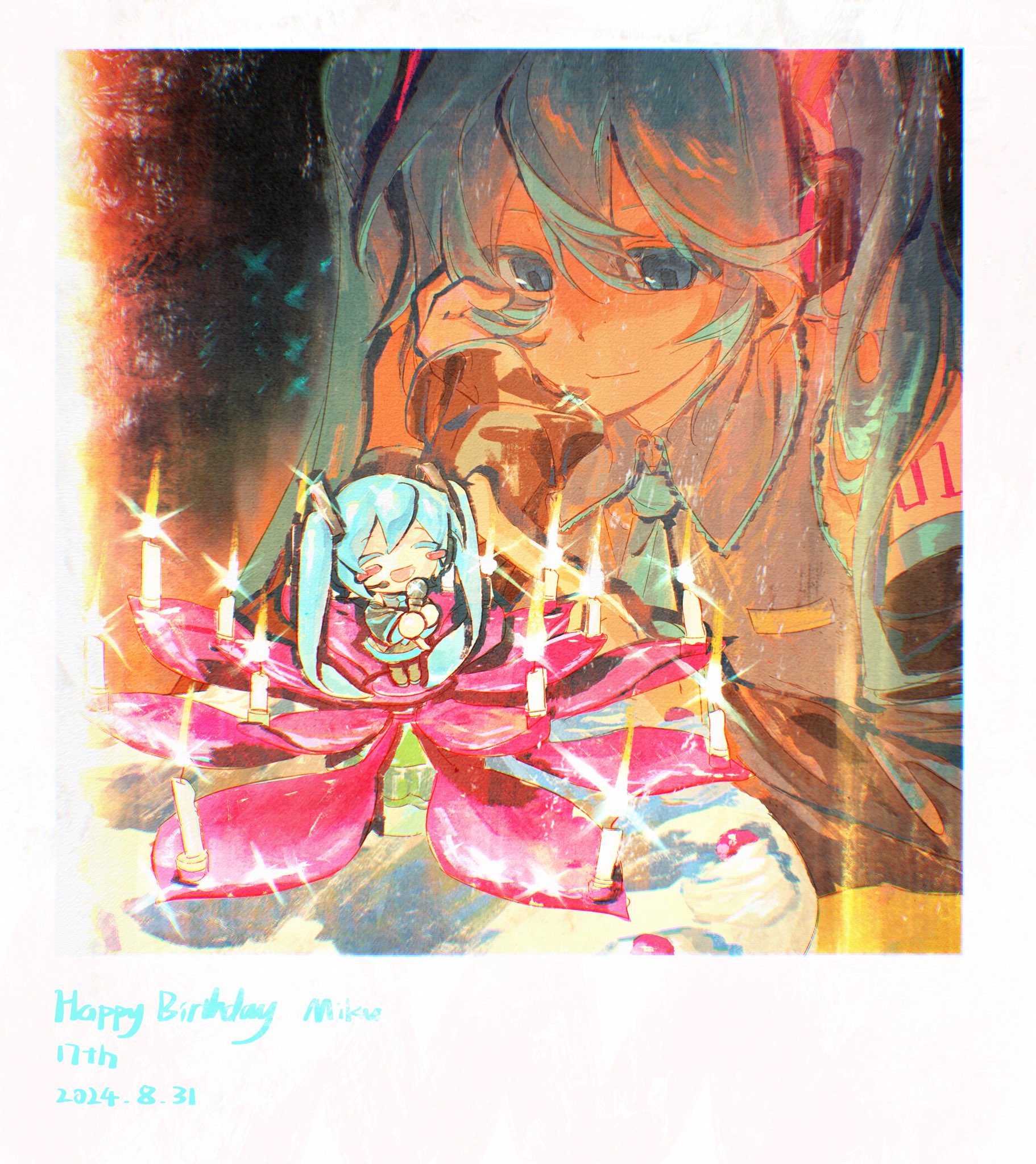 a digital illustration of a woman holding a cake. the woman is wearing a blue wig and a white shirt. there is a smaller version of the woman on top of the cake. it seems like she is celebrating her birthday. the background is yellow and red with confetti. there are candles on the cake that have flames that look like small stars. there are words written in the bottom left corner, saying "happy birthday, 11th, 2024.8.31."