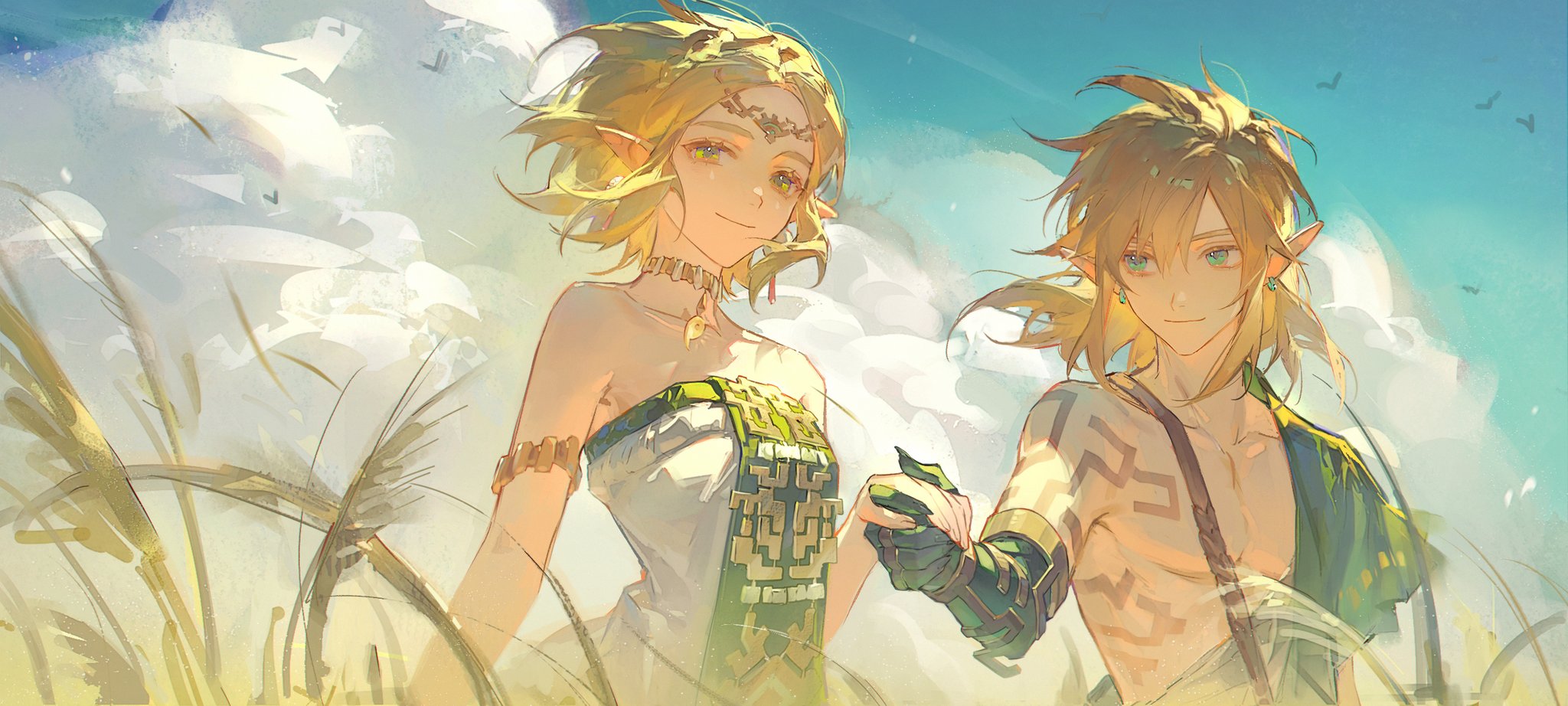 an illustration depicts zelda and link from "the legend of zelda: tears of the kingdom" standing together in a field. zelda is on the left, wearing a white tunic with green and gold patterns. she has blonde hair, pointy ears, bracelets, and a necklace. link is on the right, shirtless with tattoos, also with blonde hair and pointy ears. they are holding hands. the background includes a field of tall grass, a sky with clouds, and birds. the overall tone is light and airy, with a sense of wind and freedom.