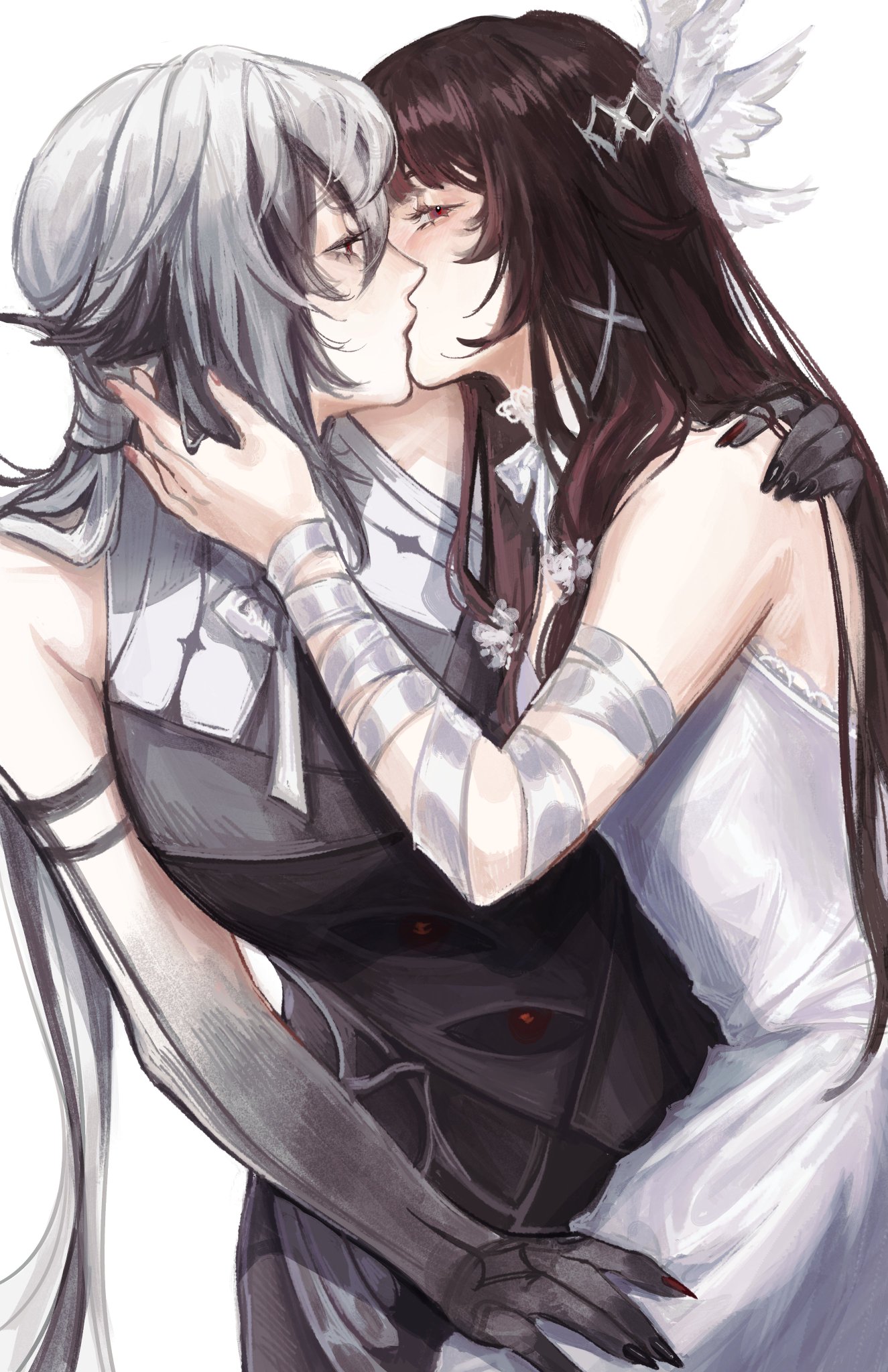 the image is an anime depiction of two girls, one with white hair and