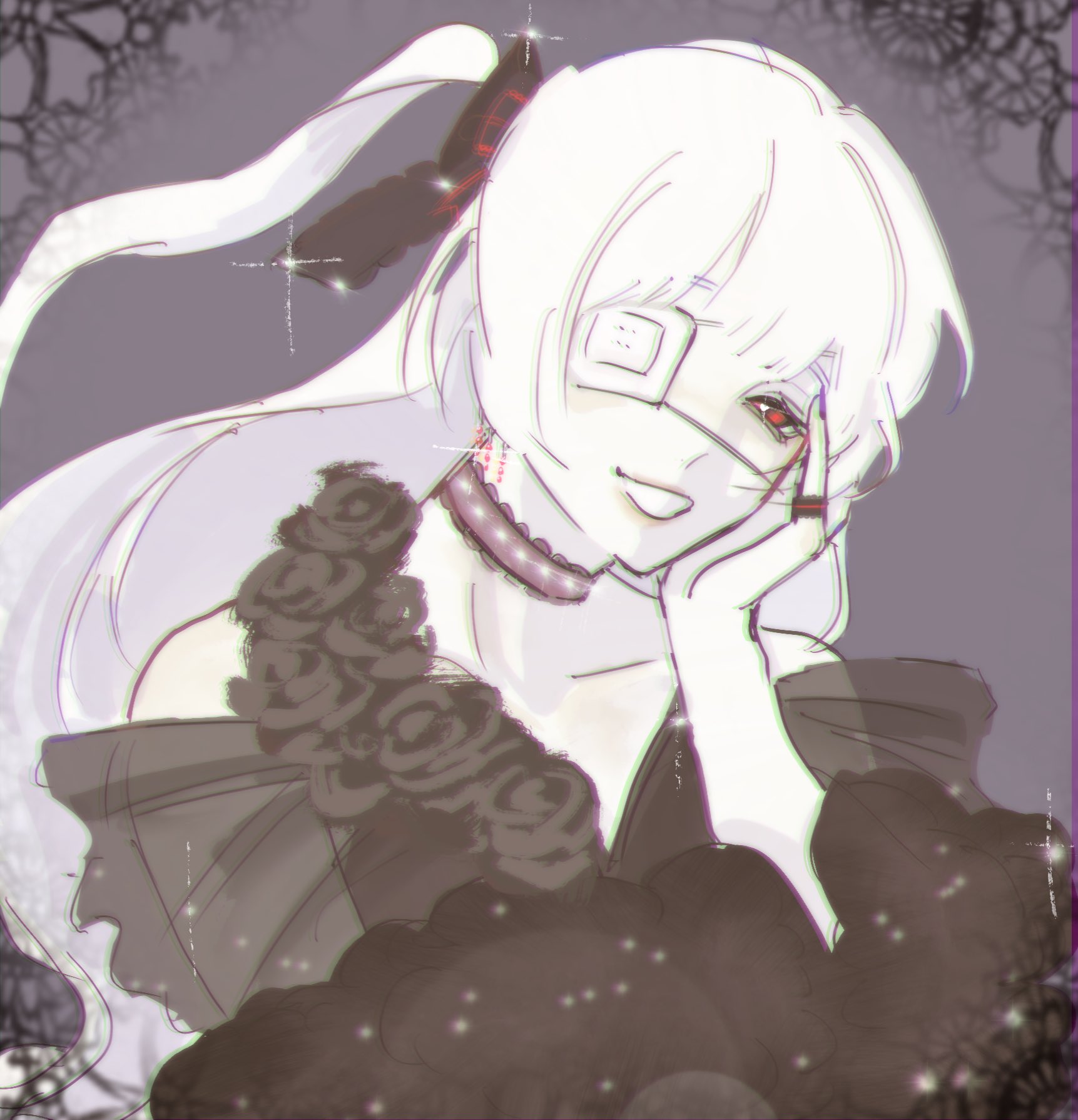 a digital illustration of a woman with white hair, wearing a black dress with a flower design, a black eye patch, and red eyes. she has a slight smile on her face, and her hair is pulled back from her face. the background is purple with a lace pattern. the image is drawn in a slightly stylized and slightly grunge aesthetic.  the overall image has a gothic, beautiful, and somewhat mysterious vibe.