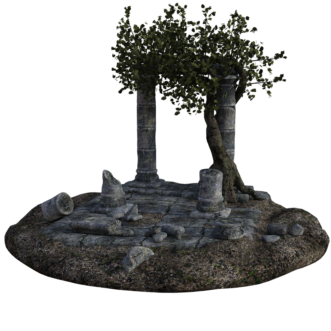 the image shows a set of ancient ruins, consisting of stone columns and debris on a raised platform. a tree grows amongst the ruins. the scene has a weathered and decayed appearance, suggesting a long history and the effects of time. the background is black.