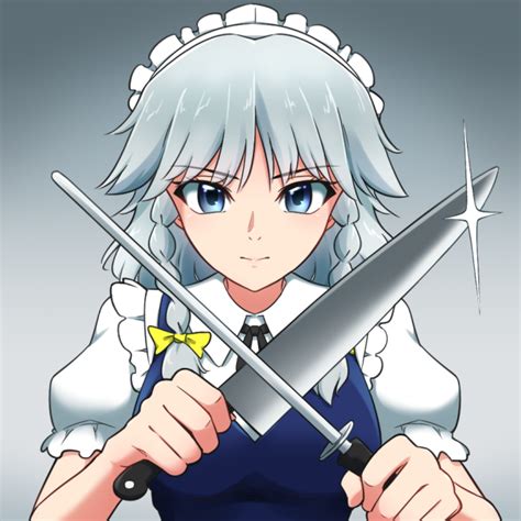 the image is a digital drawing of an animestyle girl.  she has long, white hair styled in loose waves, blue eyes, and is wearing a maid outfit consisting of a white apron and a dark blue bodice. she holds a large kitchen knife and a sharpening steel in a crossed position, her expression is serious and determined, bordering on aggressive. the style suggests fanart, possibly inspired by the touhou project,  given the maid outfit and hair. the overall tone of the image is dramatic and slightly menacing.