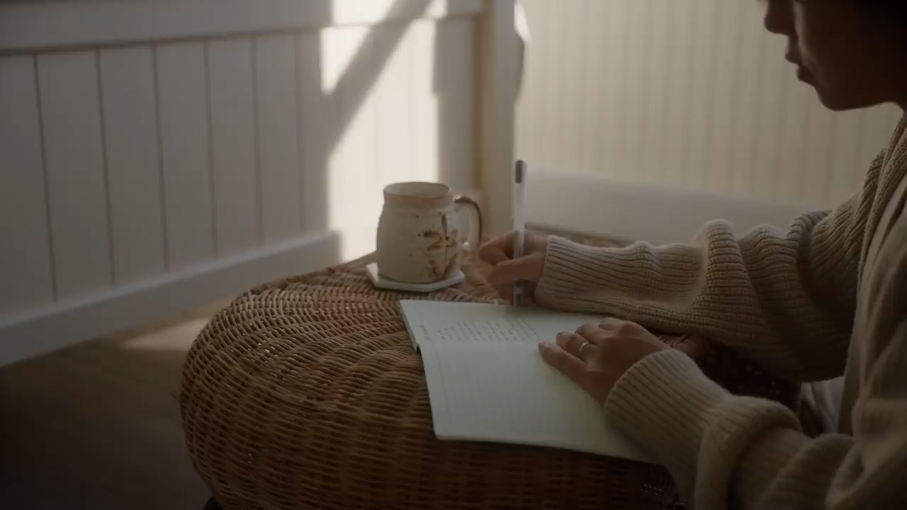 a woman wearing a creamcolored sweater sits on a wicker ottoman in a sunlit room, writing in a journal. a mug sits on a coaster beside her journal. the focus is on the woman's hands and the journal, with the rest of the scene softly blurred. the lighting is warm and natural, creating a cozy and peaceful atmosphere.
