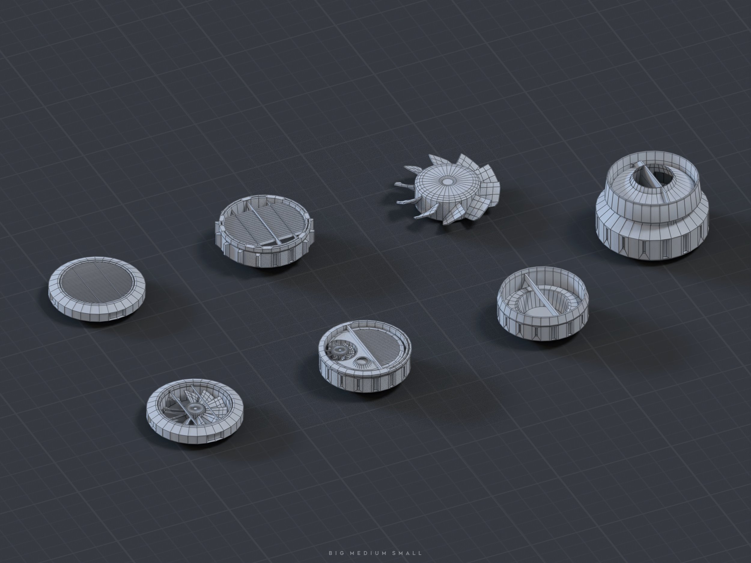 the image shows a 3d wireframe render of several small mechanical components.  the components appear to be various sizes (indicated by "big medium small" at the bottom) and have different functions: some resemble small turbines or fans, others look like solar panels or ventilation covers. they are arranged on a dark gray grid background, giving a clear view of their detailed structure.  the isometric perspective allows for a good view of each object. the wireframe style emphasizes the engineering design and the individual parts of each component.