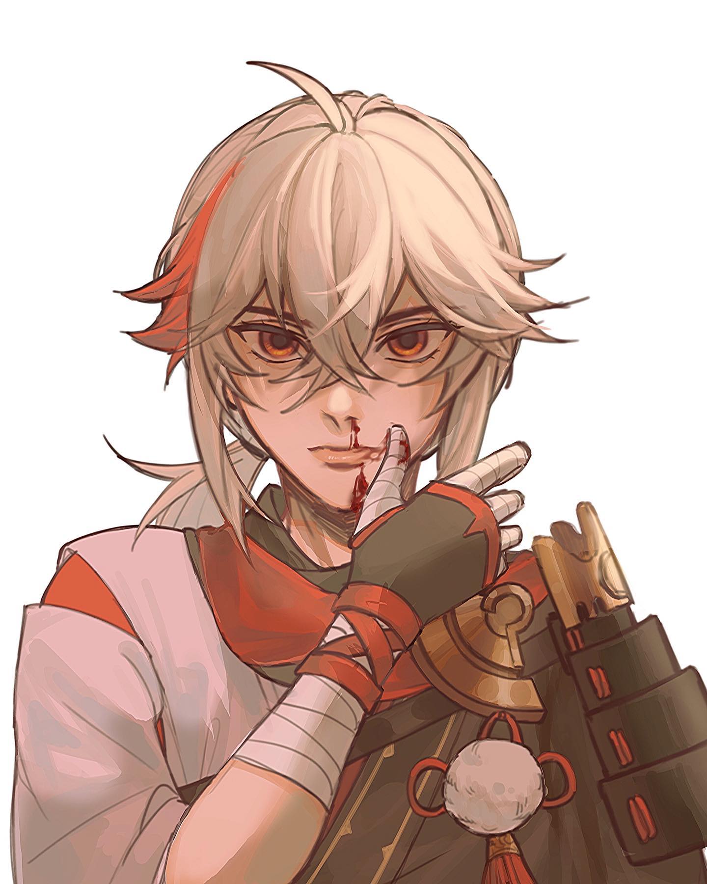 a closeup digital fanart of scaramouche from genshin impact. he is depicted with his signature blond hair and red eyes, and is slightly injured, with a visible bloody scratch under his nose. he's wearing a traditional japaneseinspired outfit, including a hakama and a katana strapped to his back, and is covering his mouth with a hand, possibly in pain or thought. the art style is soft and slightly painterly, with a focus on detail in the character's expression and clothing. the background is plain white, making the character the focal point of the image.
