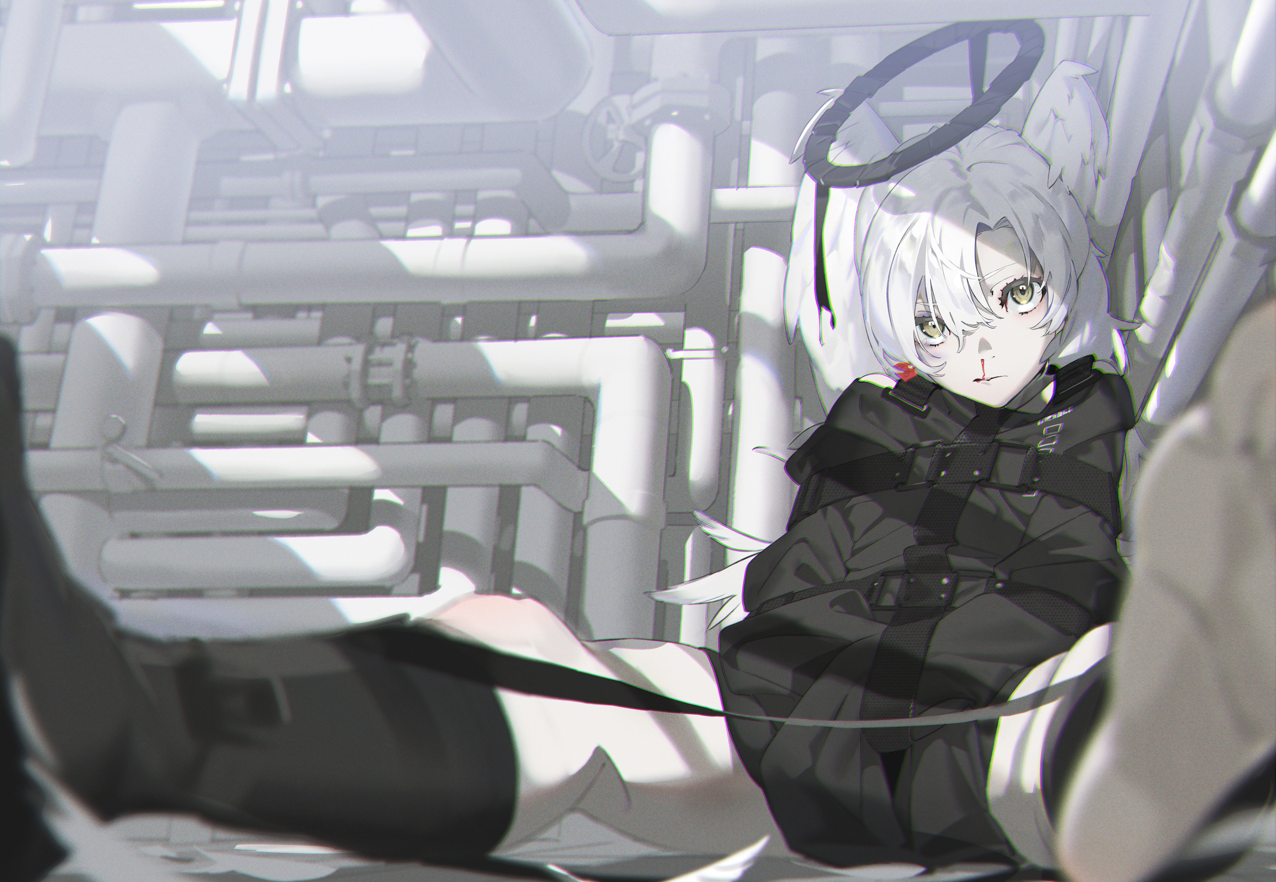 the image features an anime girl with white hair and a halo, dressed in dark clothing with buckles and straps. she is lying down within a room filled with white industrial pipes, illuminated by bright, artificial lighting. the perspective is from a high angle, looking down at the girl. the overall color scheme is monochrome, with a predominantly white and gray palette, creating a stark and futuristic atmosphere.
