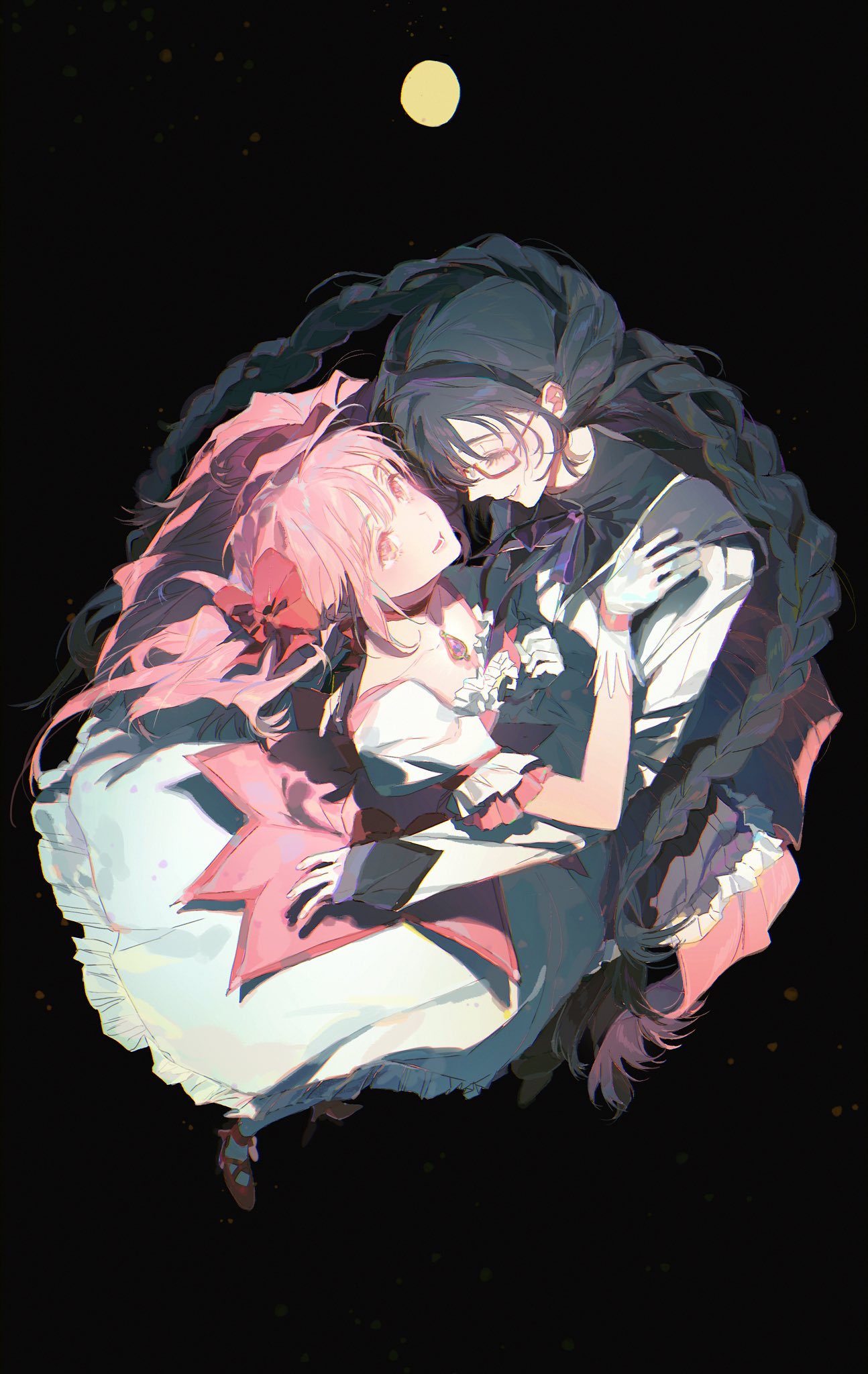 this is an anime illustration of two magical girls, one with long pink hair and a pink dress holding the other who has black hair and is wearing a black dress, they are hugging each other tightly and appear to be floating against a dark starry background with a single moon. they look loving and affectionate towards one another.