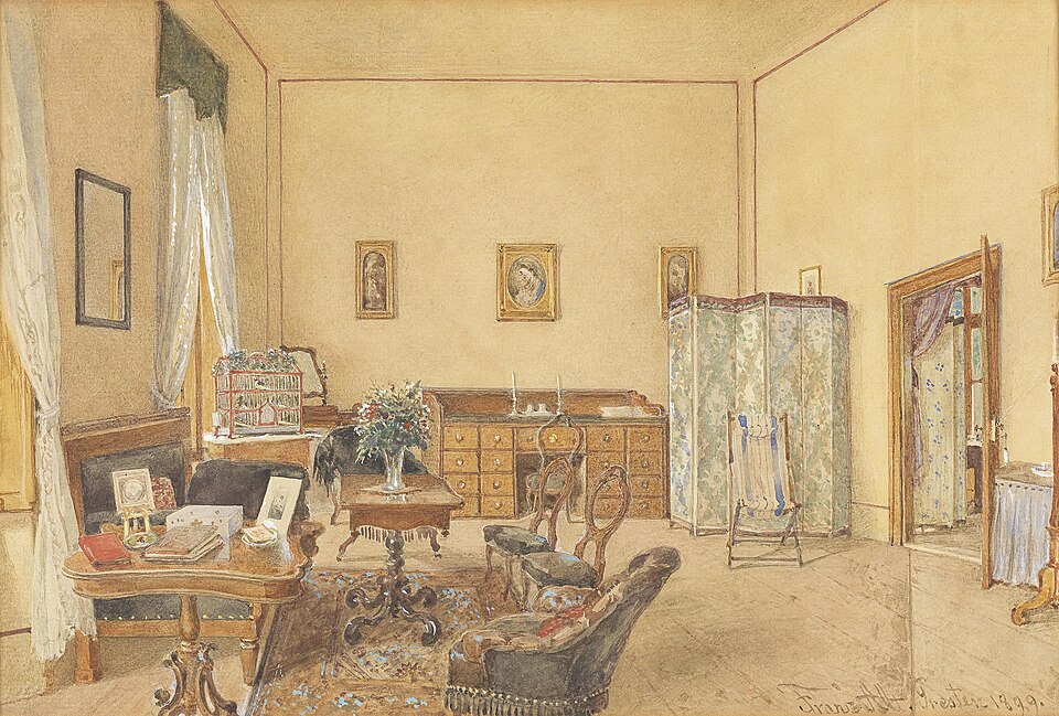 a watercolor painting depicts an interior scene of a room with various pieces of furniture. a table is in the foreground with books and other objects on it. there are chairs, a bureau with many drawers, a folding screen, a birdcage, and flower arrangements. the room also features curtains, paintings on the wall, and a mirror. a doorway leads to another room.