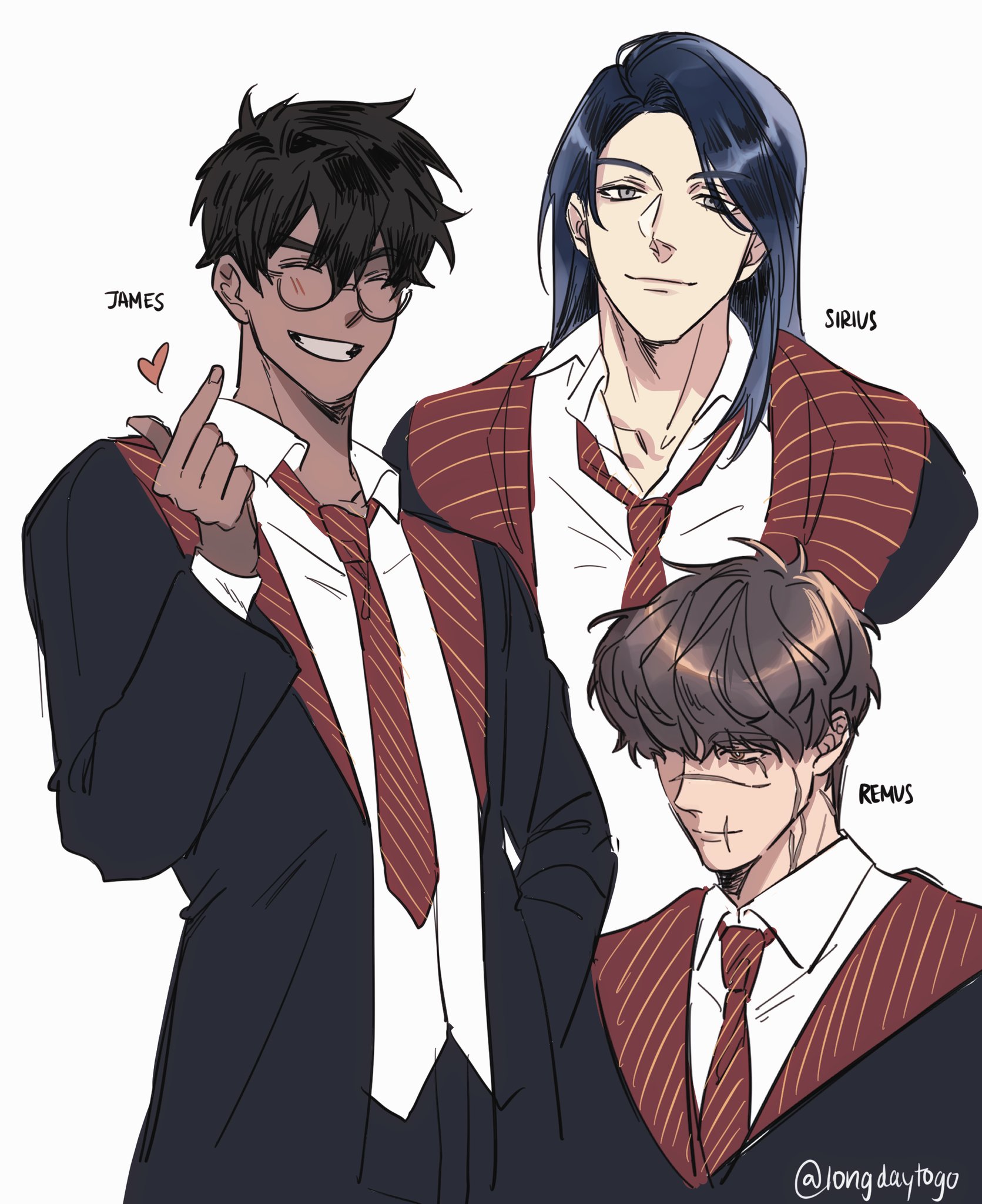 the image is a digital drawing or fanart depicting three young men in what appears to be a stylized version of gryffindor school uniforms from the harry potter universe.  the styles are reminiscent of anime or manga.  each character is clearly labeled: james, sirius, and remus.  james has glasses and is making a heartshaped hand gesture. sirius has long dark hair. remus has shorter brown hair and a noticeable scar across his face.  they are all positioned closely together, suggesting a friendship or close bond. the overall style is clean, with soft lines and a muted color palette dominated by dark blues, reds, and golds of the school uniforms.  the artwork is signed with the artist's handle, "@longdaytogo," in the bottom right corner.