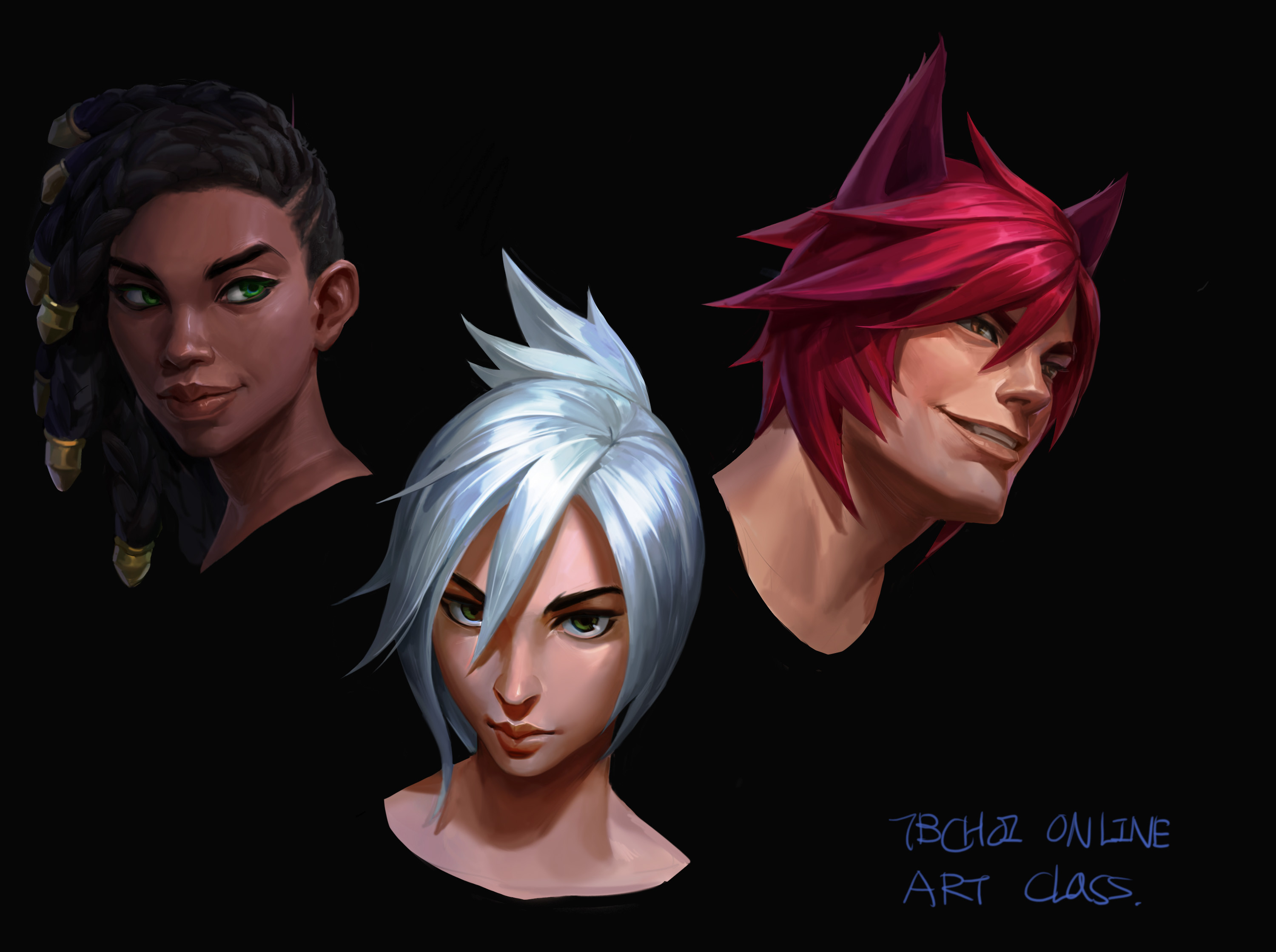 a digital painting showcasing three distinct character portraits. the first is a woman with dark skin, braided hair adorned with gold accents, and intense green eyes. next is a young woman with short, stylish, white hair and a calm expression. lastly, a young man with vibrant red hair styled into a spiky look that incorporates foxlike ears is depicted.  all three characters are rendered with detail that emphasizes features like hair texture, skin tone, and eye color. the background is dark, which draws attention to the subjects. the image features the text "tbchaz online art class." suggesting it's an example of artwork from an online art course.