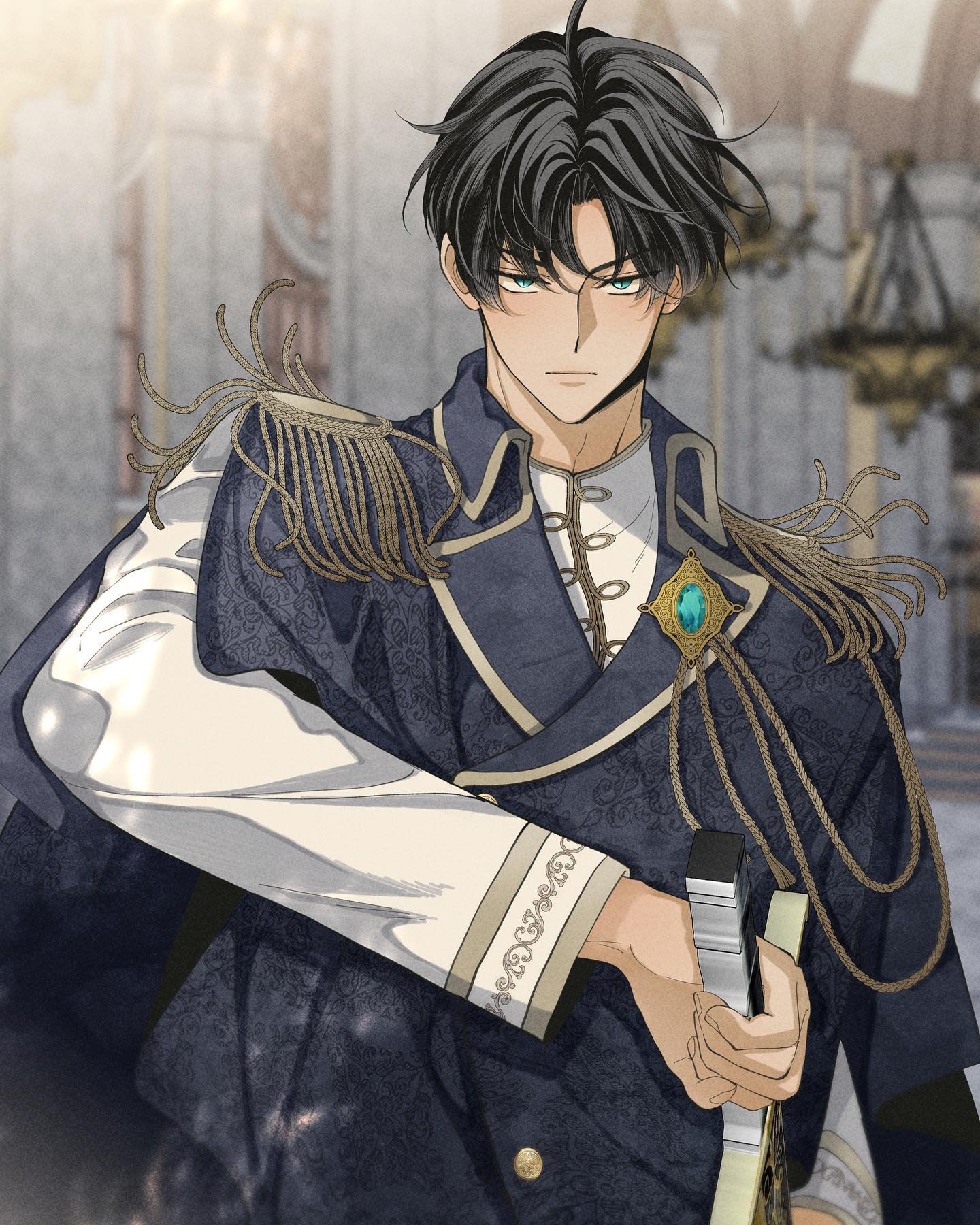 the image showcases a handsome young man, potentially a prince or nobleman, standing within a grand, palatial setting. he exudes an air of confidence and elegance.  he's dressed in an intricate militaryinspired uniform, predominantly navy blue and white, accented with gold embroidery and a teal gemstone. he holds a decorated book, possibly a royal decree or spellbook. the background suggests a ballroom or a similar opulent hall, bathed in soft, natural light.