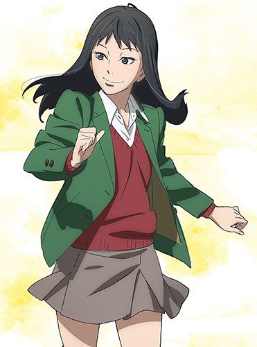 an anime girl wearing a green jacket, red sweater, and a gray skirt is smiling and looking towards the right side of the image. her black hair is flowing behind her as she poses with her right hand raised and her left arm extended out to the side.