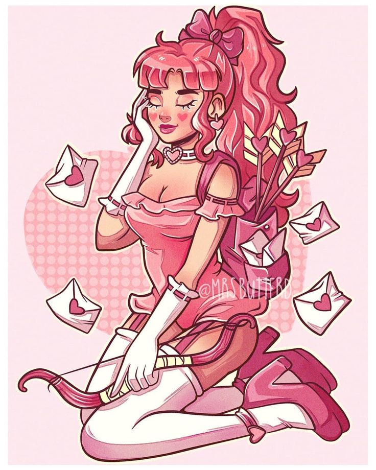 this illustration depicts a pinkhaired anime girl with angel wings, dressed in a pink dress and stockings, holding a bow and arrow, with a dreamy expression on her face. she is sitting in a seductive pose, with love letters floating around her. the image is set against a pink background with polka dots and sparkles. it is a whimsical and romantic illustration that captures the essence of love and affection.